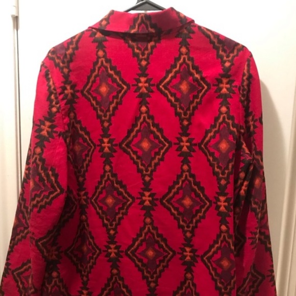 Kasper Red Southwestern Aztec Print Linen Rayon Blend Open Front Blazer Size 14 - Picture 5 of 14
